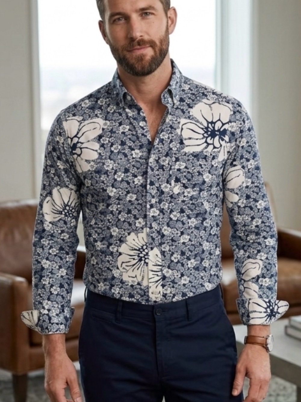 J. Crew Navy and White Floral Button-Down Shirt